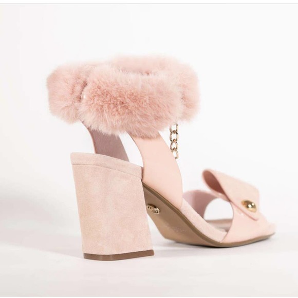 Plymouth Women's Paige Pink Faux Fur Ankle Strap Open Toe Block Heel Size 7.5 - Picture 3 of 12